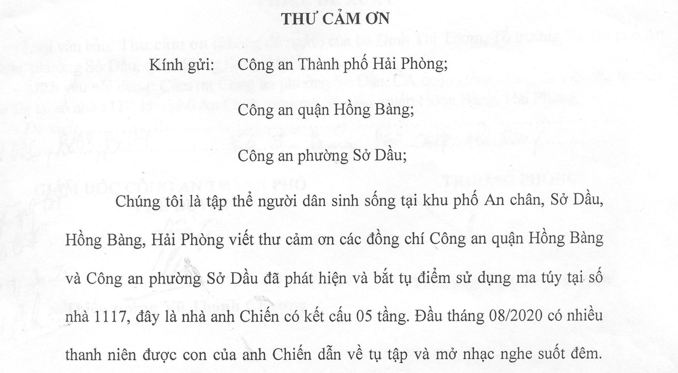 Tập thể người dân tại khu phố An Chân (quận Hồng Bàng) gửi thư cảm ơn lực lượng Công an bắt tụ điểm sử dụng ma túy